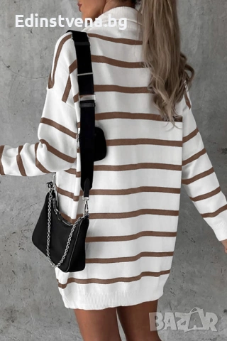 Дамска бяла рокля тип пуловер с кафяви райета и цип, снимка 6 - Рокли - 53081823