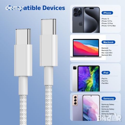 2 броя по 2 метра iPhone 15 USB C към USB C кабел за зарядно устройство, 60 W, снимка 7 - USB кабели - 45716814