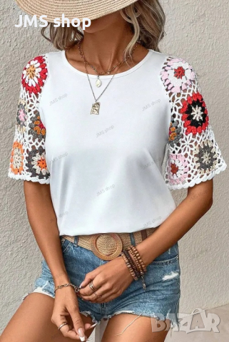 Дамска бохо блуза с плетени на една кука ръкави с флорални мотиви, 2цвята , снимка 2 - Тениски - 44969903