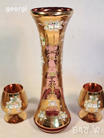 ваза с две чаши розово стъкло с позлата Bohemia , снимка 5 - Антикварни и старинни предмети - 50946044