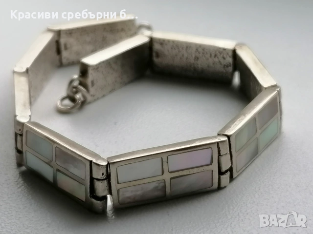 Масивна сребърна гривна със седеф , снимка 8 - Гривни - 53690668