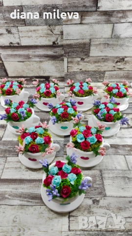 Сладурски чашки с нежни цветлета в тюркоаз и розово!!, снимка 4 - Декорация за дома - 53304069