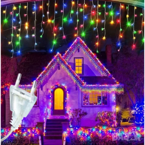 Коледна украса LED ресни 12 метра – водоустойчива инсталация с 8 режима на светене