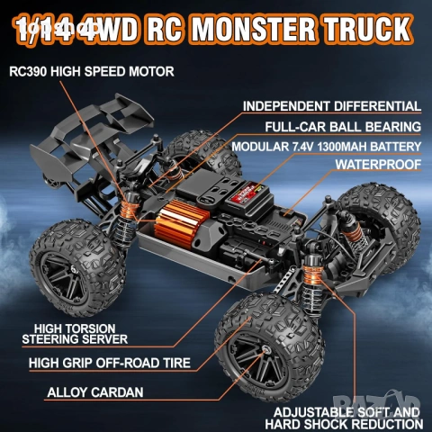 Мощна 4WD Количка Woquma 40кмч Мащаб 1 към 14 Пълен комплект с 2 комплекта гуми  , снимка 11 - Коли, камиони, мотори, писти - 53206072