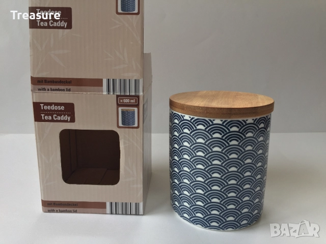 Кутия за чай от порцелан с бамбуков капак, снимка 2 - Кутии за съхранение - 40954000
