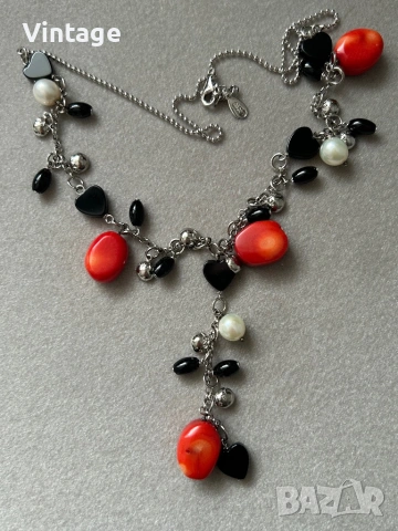 Луксозно уникално сребърно колие с естествени камъни корали, оникс и перли , снимка 8 - Колиета, медальони, синджири - 54023424