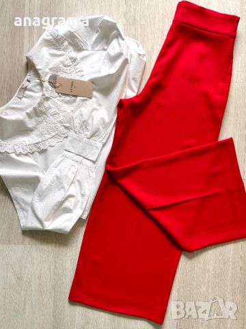 Zara елегантен червен панталон и нова бяла авангардна туника с бродерия Cream M размер 