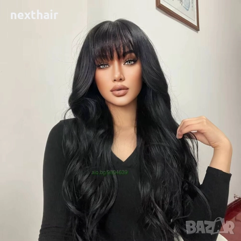 Черна къдрава перука с бретон, снимка 4 - Аксесоари за коса - 51732340