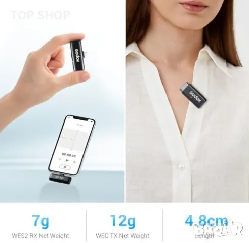 Нов Godox WES1 Kit2 Двуканален Лавалиер Микрофон 2.4G за iPhone Айфон, снимка 8 - Микрофони - 49970920