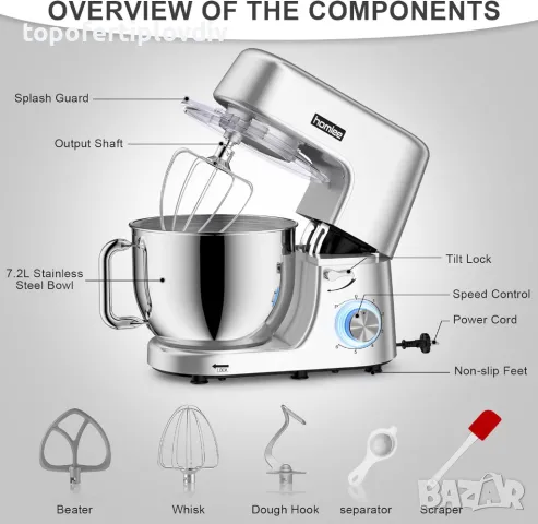 Планетарен миксер Homlee 1800W Food Processor with 7.2L, снимка 5 - Кухненски роботи - 46928268