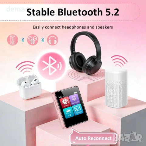 MP3 плейър с Bluetooth, 1.8" музикален плейър с тъчскрийн, 32GB карта, слушалки, розов, снимка 2 - MP3 и MP4 плеъри - 53606192