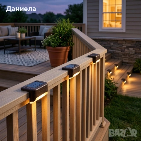 Комплект от 4 броя соларни LED лампи за стълби и огради – Водоустойчиви IP44, топла светлина