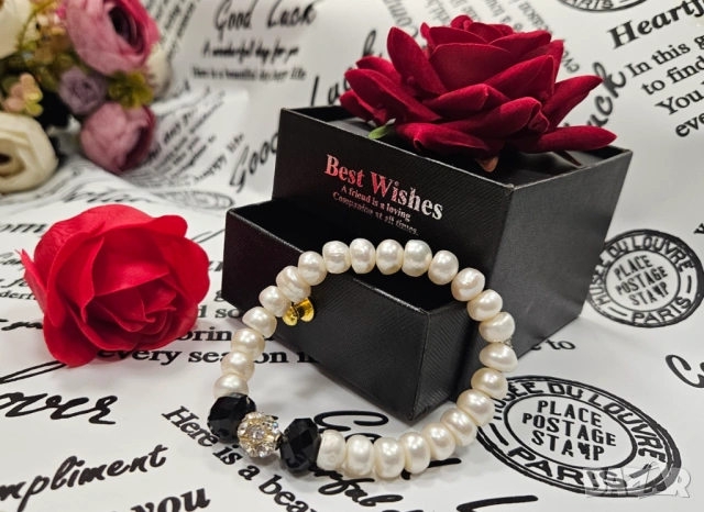 Гривна на ластик - розови перли със сертификат