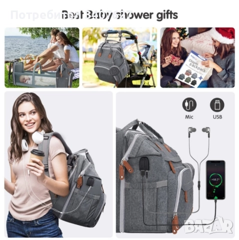 Раница за бебешки принадлежности, сива, снимка 7 - Кенгура и ранички - 52395357