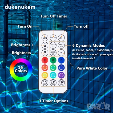 Акумулаторна подводна LED лампа RGBW с магнит, IP68, 14 см, с дистанционно, снимка 6 - Лед осветление - 53019166
