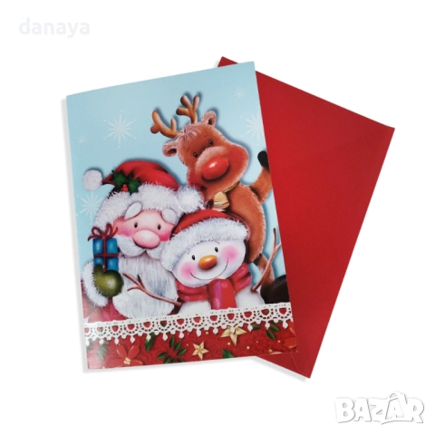 6274 Музикална коледна картичка с червен плик, 20×14.5 см, със светлина и мелодия, снимка 2 - Декорация за дома - 52392730