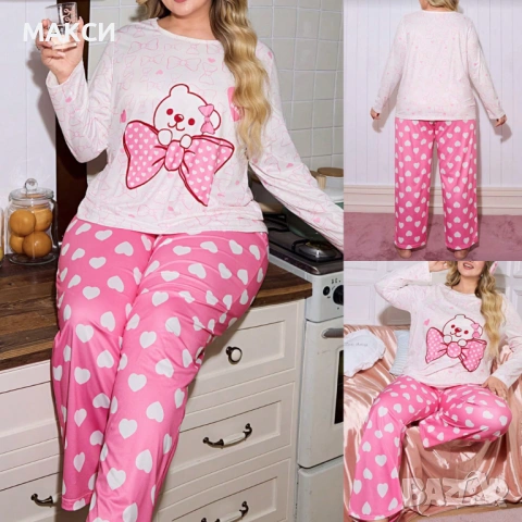 Макси разкошен силно еластичен комплект/пижама/ в бяло със сладки щампи с панделки и сърчица - блуза