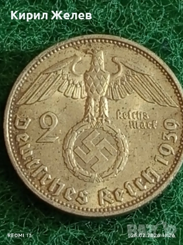 Сребърна монета 2 райхсмарки 1939г. Германия Трети Райх с Свастика за КОЛЕКЦИОНЕРИ 51885, снимка 2 - Нумизматика и бонистика - 53615824