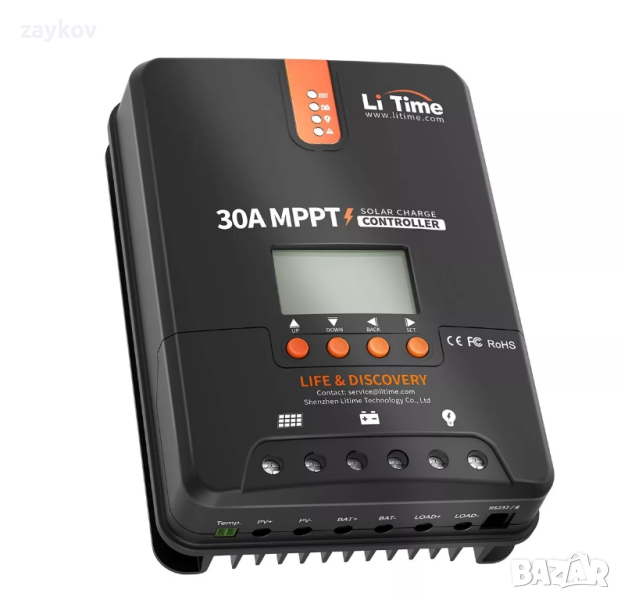 Litime 30 Amp 12V/24V DC вход Bluetooth MPPT контролер за слънчево зареждане, снимка 1