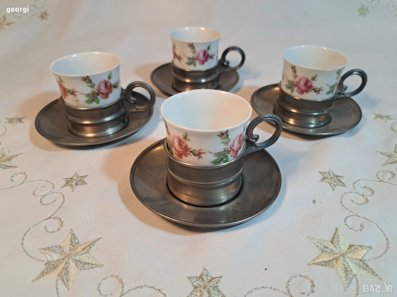 четири немски порцеланови чаши Gerold porzellan с калаени подстакани и чинийки 32/3, снимка 1