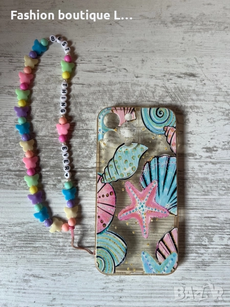 Летен калъф за айфон 13 про макс с морски звезди и миди и връзка за гривната на ръката с мъниста 💛, снимка 1