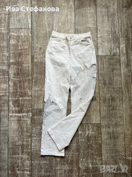 Бели разкошни 100 % памук памучни елегантни дънки дънкови панталони с бяла дантела , снимка 1