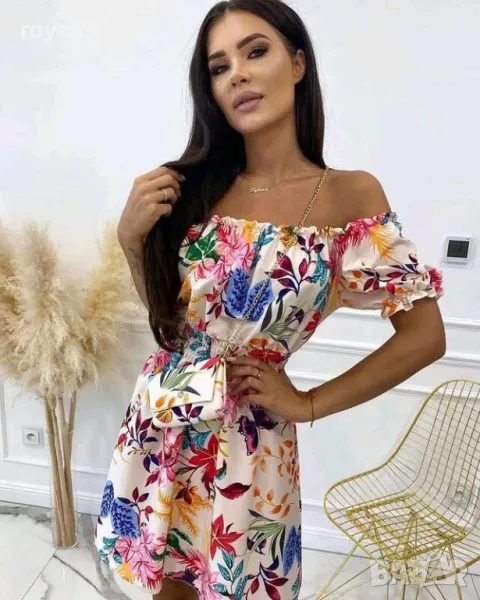 Дамска рокля с паднали рамена и флорален принт с чанта, снимка 1