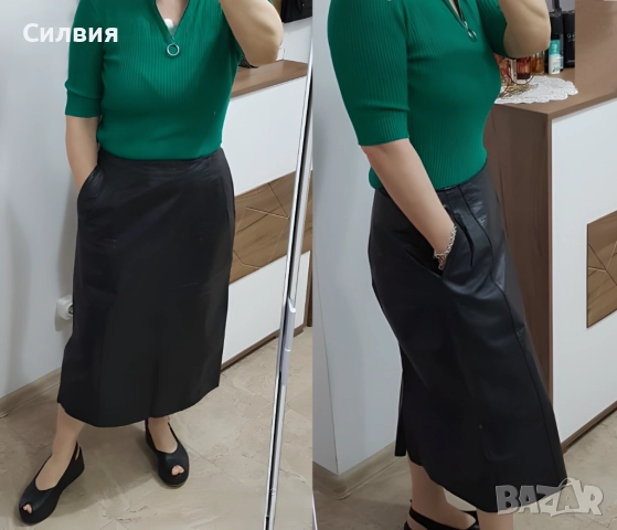 Дълга кожена пола телешка истинска естествена кожа 42 номер M-L размер, снимка 3 - Поли - 52409692