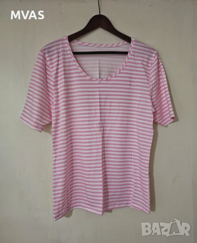 Нова дамска лека памучна розов бяла тениска с къс ръкавL размер