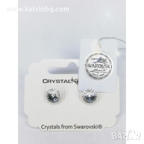 Обеци на винт с кристали SWAROVSKI RIVOLI CRYSTAL 9 ММ-бял, снимка 3 - Обеци - 51657844