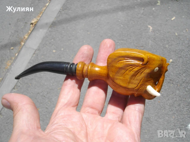 КОЛЕКЦИОНЕРСКА СТАРА ЛУЛА СЛОН ДЪРВОРЕЗБА БИВОЛСКИ РОГ , снимка 3 - Антикварни и старинни предмети - 51315883