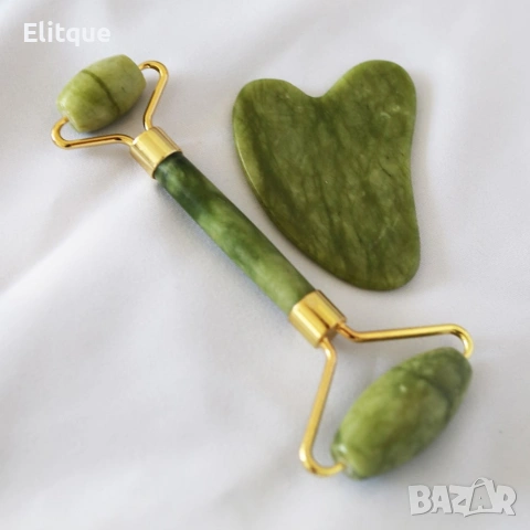 Нефритен масажор за лице с 2 ролки + плосък нефритен камък 