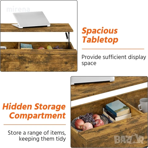 Маса за кафе повдигащ се плот, съхранение странична бюро рустик н141, снимка 4 - Маси - 53837053