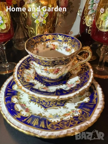 ☕ Crown Staffordshire Edwardian England circa 1907 – Троен сет „Кобалт & Злато“