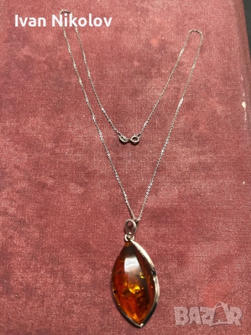 Сребърно колие кехлибар, снимка 3 - Колиета, медальони, синджири - 52879737