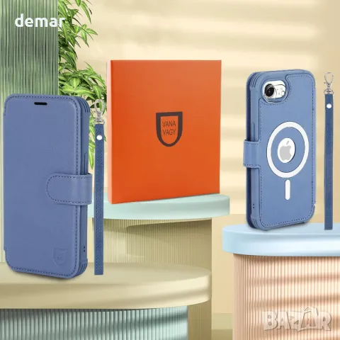 Калъф-портфейл VANAVAGY за iPhone 16E, безжично зареждане Magsafe, син, снимка 6 - Калъфи, кейсове - 50020699