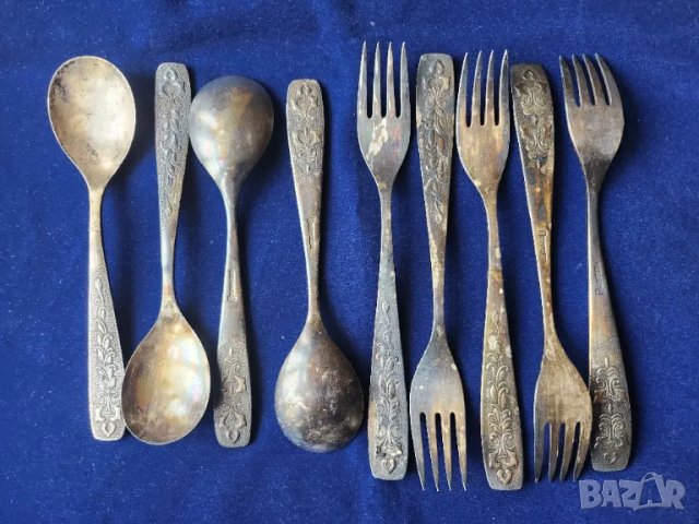 лъжички, позлатени от мелхиор нови,к-т 6 броя, мод. "Хмель" + 7 вилици и 5 лъжици от модела, от СССР, снимка 4 - Прибори за хранене, готвене и сервиране - 49695257