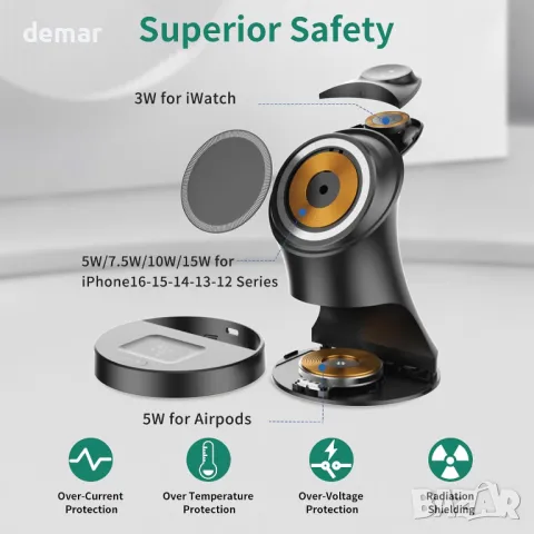 3 в 1 безжична зарядна станция, магнитно безжично зарядно за Apple устройства, 15W, снимка 3 - Безжични зарядни - 50286535