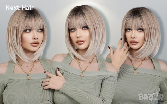 40 см пепеляво руса омбре перука с тъмни корени и светли краища с бретон, снимка 4 - Аксесоари за коса - 51983138