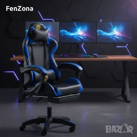 Геймърски стол с поставка за крака - подходящ за деца и тинейджъри- черно-син, въртящ, с масажна фун