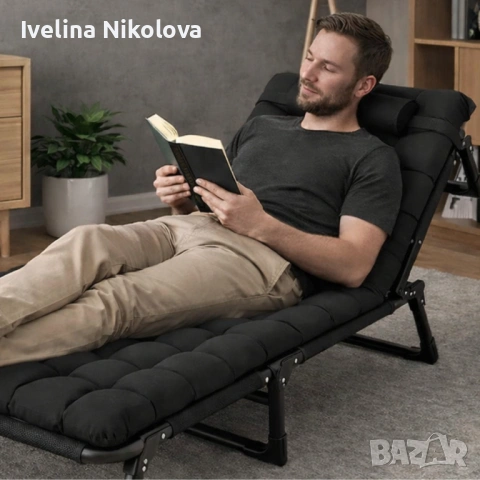 Сгъваемо къмпинг легло и градински шезлонг 2в1, с мек матрак и възглавница, Регулируем, Черен, 180x5, снимка 6 - Столове - 53934261