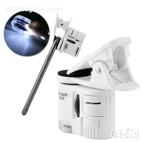 Джобен малък мини микроскоп увеличителна лед лупа за телефон смартфон микроскопче LED осветление, снимка 2 - Други инструменти - 50921285