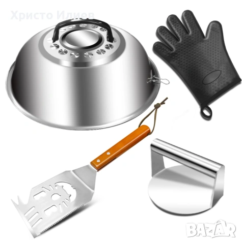 Комплект аксесоари за грил BBQ преса за бургери шпатула купол силиконова ръкавица