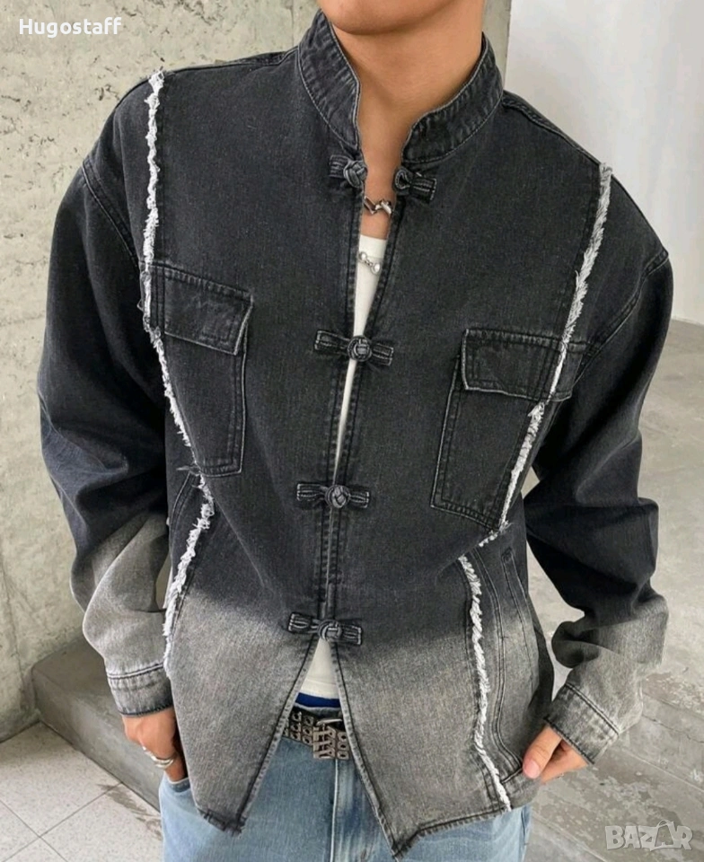 Ново мъжко  японски стил закопчаване дънково яке риза деним памук кимоно XХЛ, снимка 1