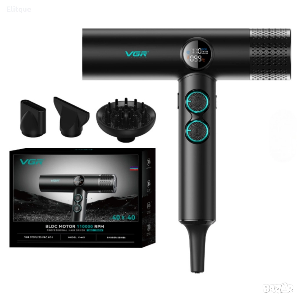 Професионален сешоар VGR с BLDC мотор 110 000 RPM – Йонна технология и дифузер, снимка 1