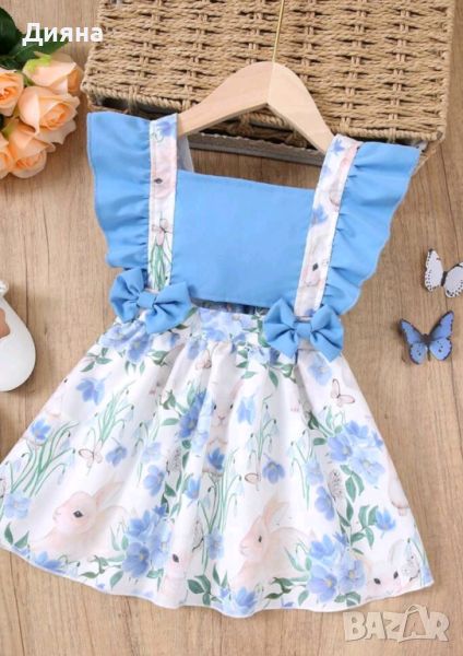 Детска синя рокля на зайчета и цветя , снимка 1