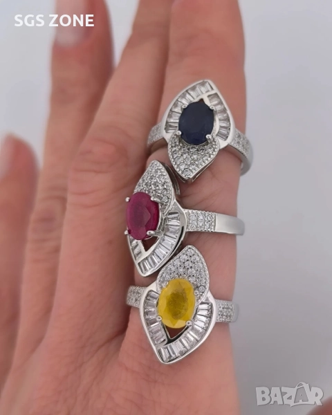 сребърен пръстен с естествен син или жълт сапфир, рубин, снимка 1