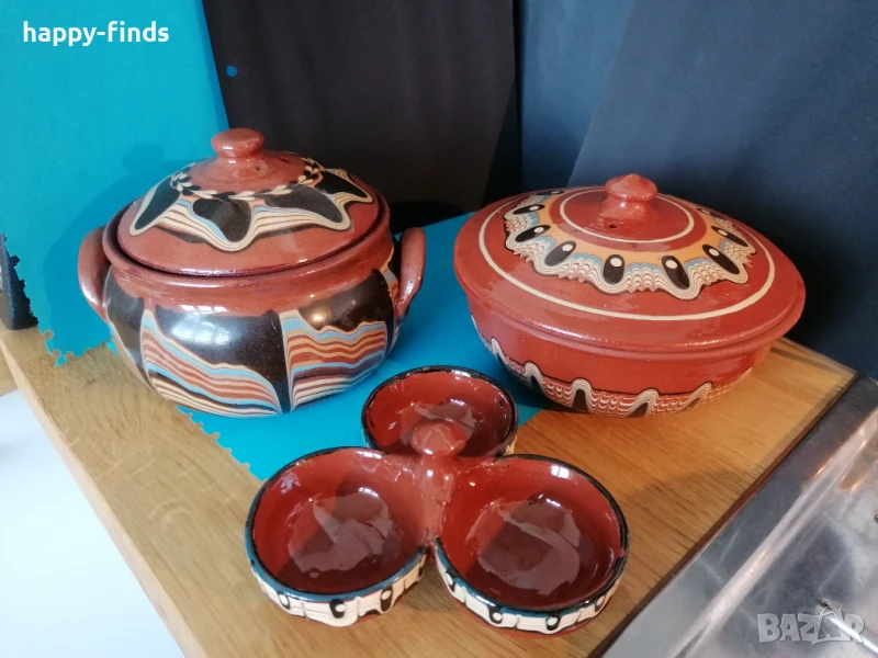 Две гювечета с капаци  и солница тройка троянска керамика, снимка 1
