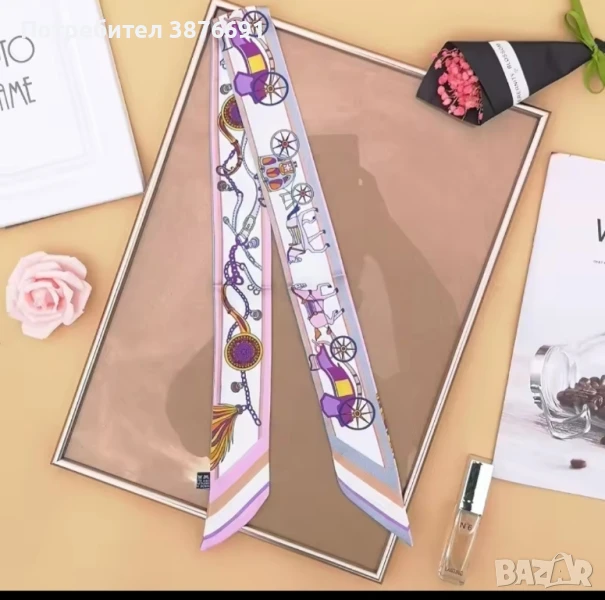 Луксозен шал Hermes за коса дръжка на чанта с конче, снимка 1