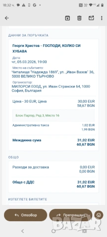 Билет за Георги Христов в Търново 